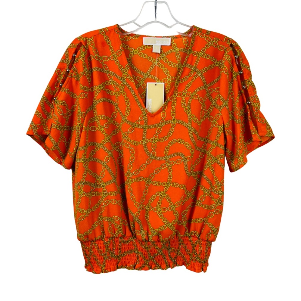 Michael Kors Gold Chain Print Orange Top Blouse S NWT